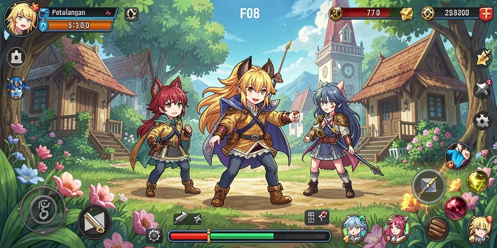 Tampilan gameplay <strong>F08</strong> yang menampilkan aksi karakter anime.