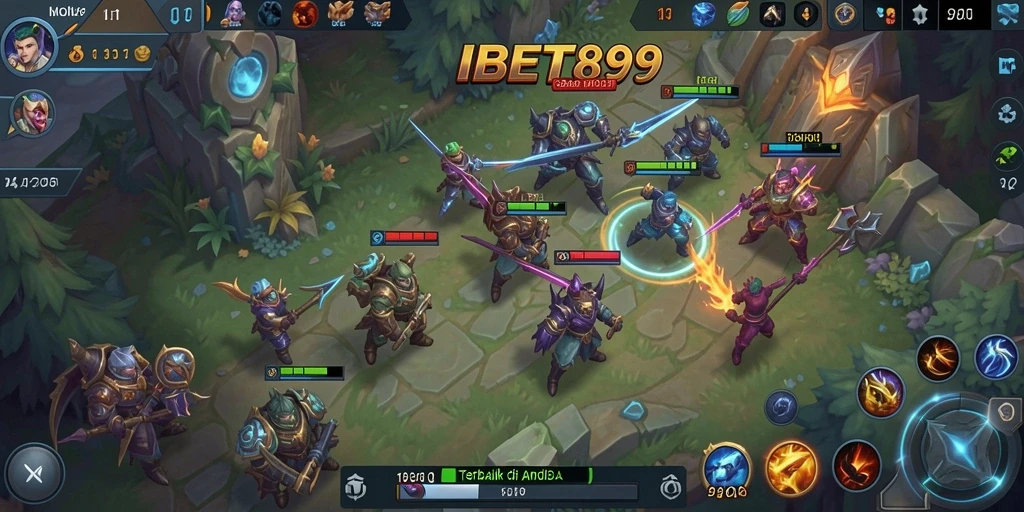 Screenshot gameplay MOBA IBET899 yang menampilkan pertarungan tim yang seru.