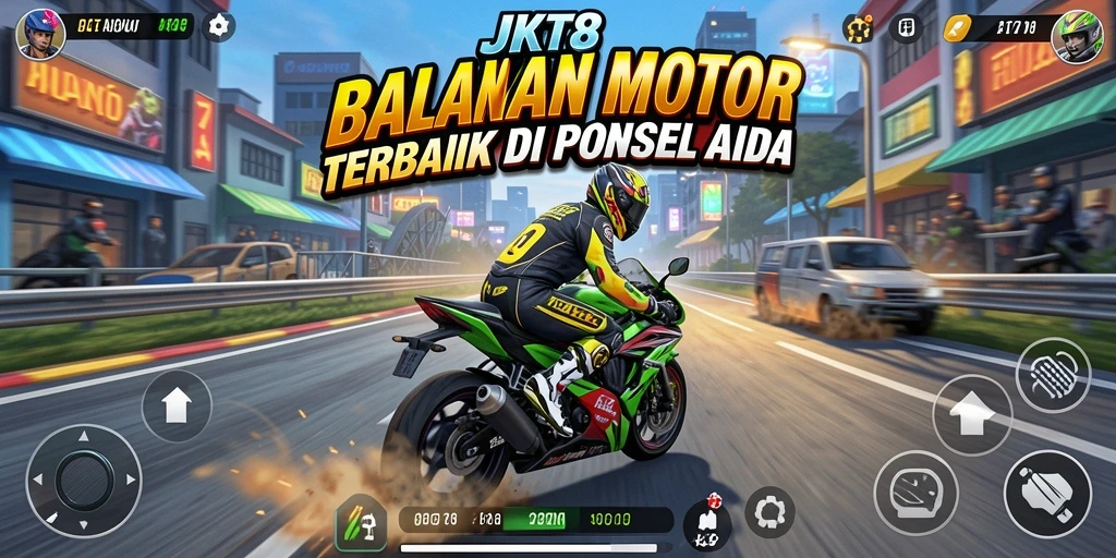 Tampilan gameplay mendebarkan JKT8 dengan aksi balapan motor.