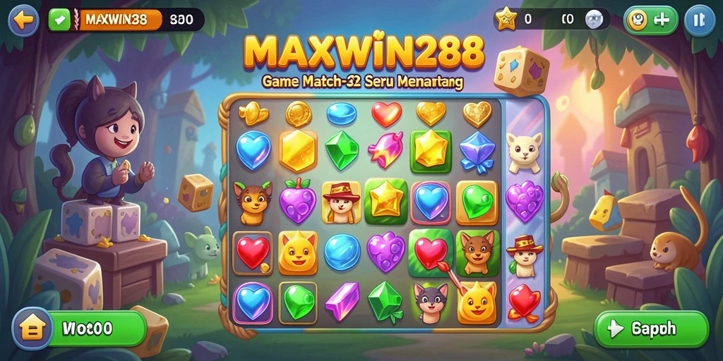 Tampilan gameplay seru MAXWIN288 dengan tantangan Match-3 yang mengasyikkan.