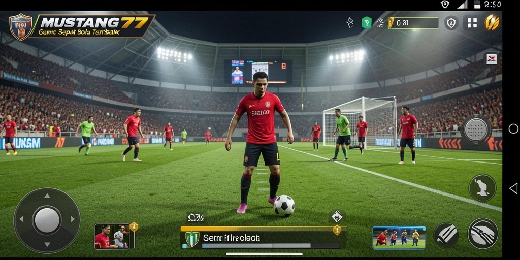 Screenshot gameplay <strong>MUSTANG77</strong> menampilkan aksi mendebarkan di lapangan sepak bola.