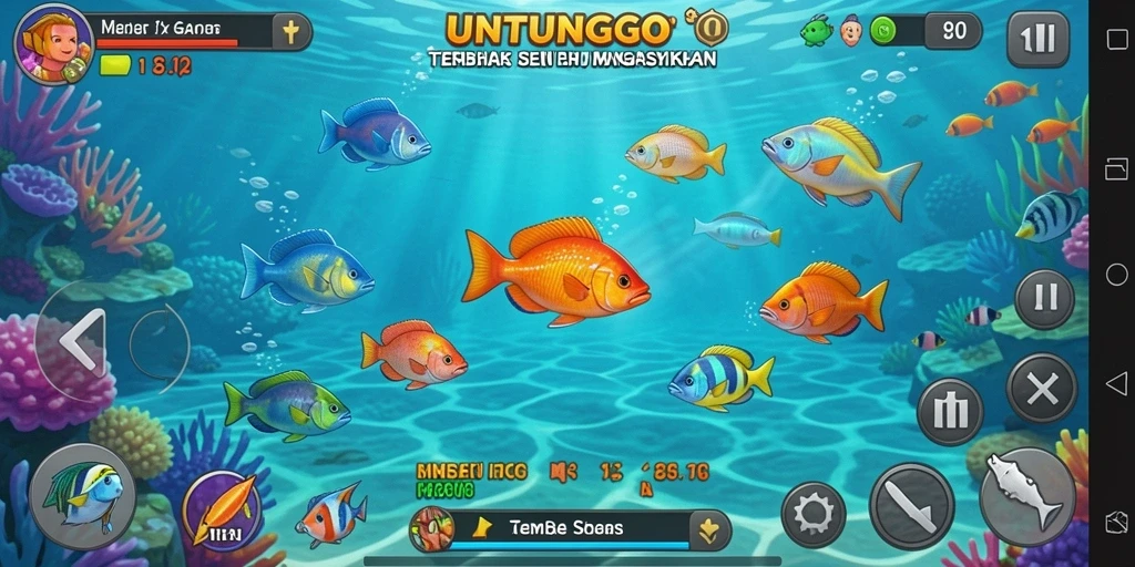 Screenshot gameplay UNTUNGGO menunjukkan aksi menembak ikan yang seru.